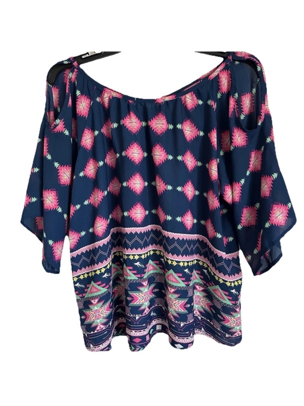 Liberty Love Womens Top Blue Aztec Print Top Tasseled Boho Hippie Festival - Picture 3 of 12